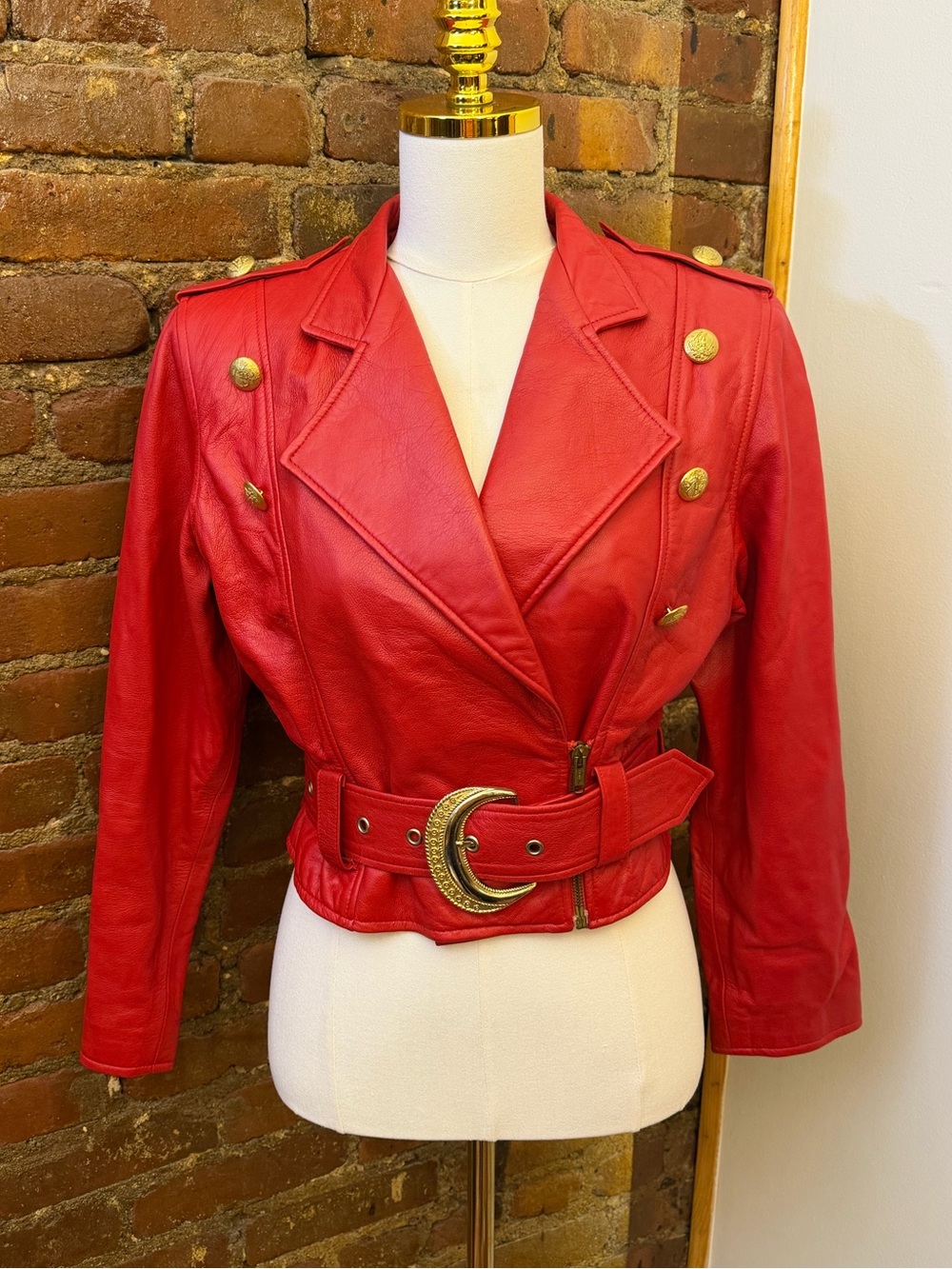 Twins Red Women's Leather Belted Jacket with Gold Hardware